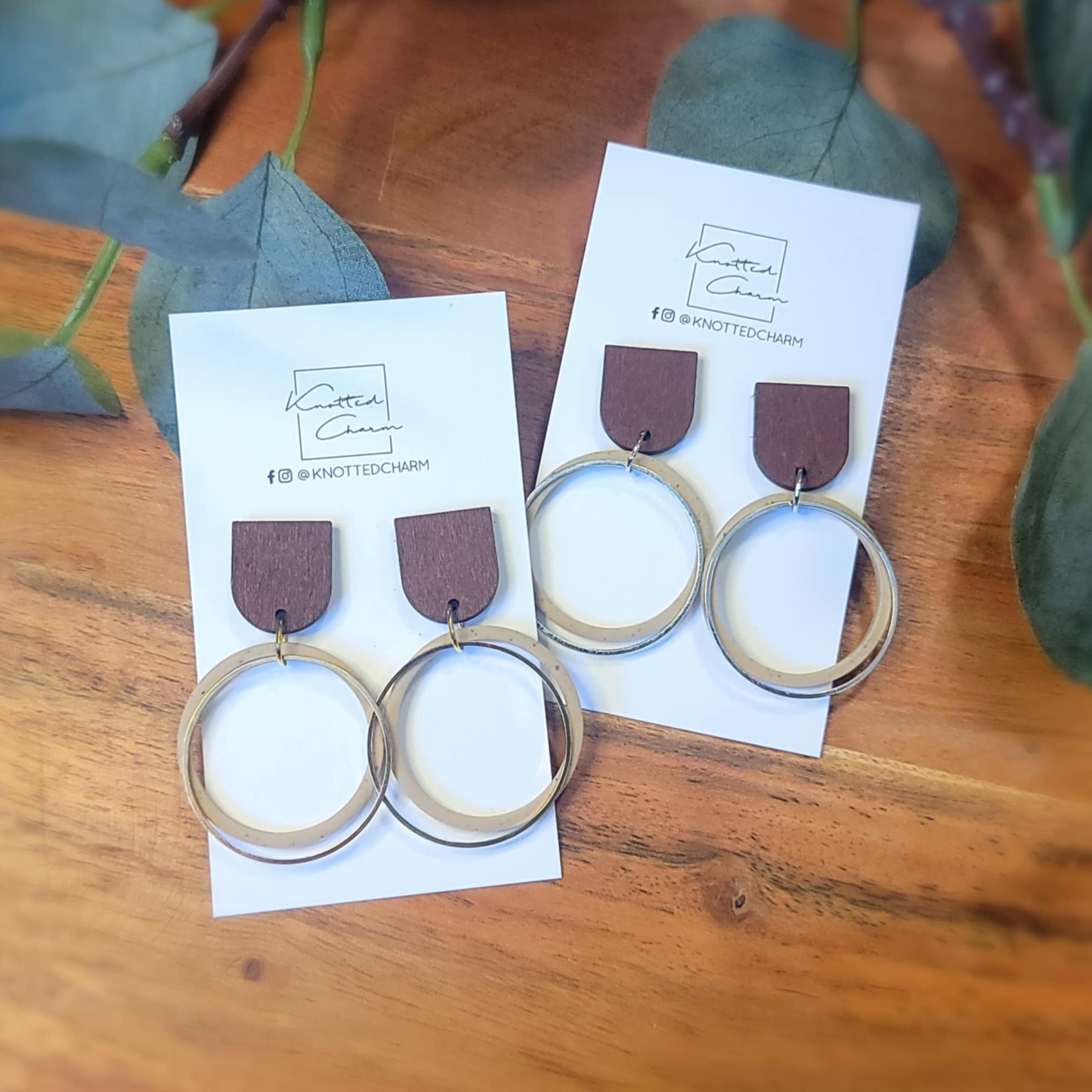 Lg Circle dangle earrings- Tan & Silver