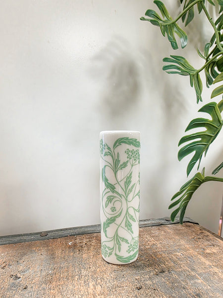 Vintage Green Floral Ceramic Bud Vase