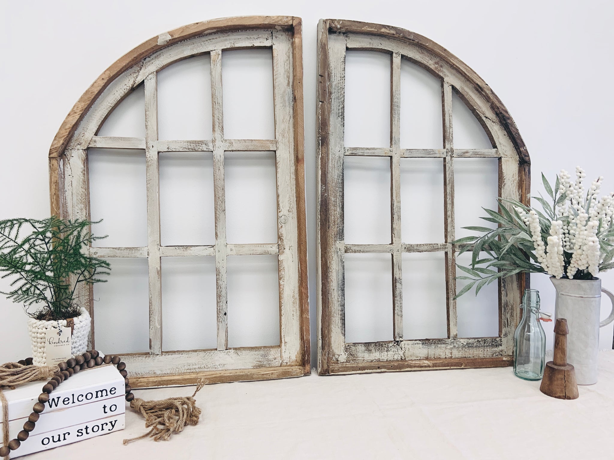 Large Double Set Arched Window Wood Rustic