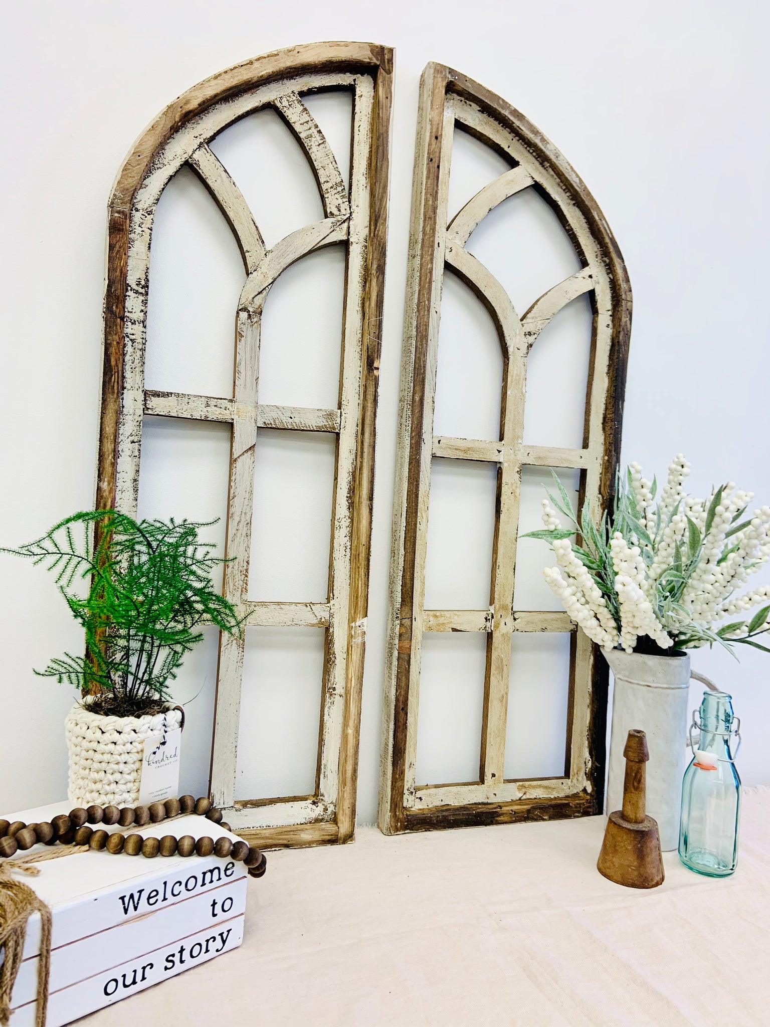 Large Double Set Arched Window Wood Rustic
