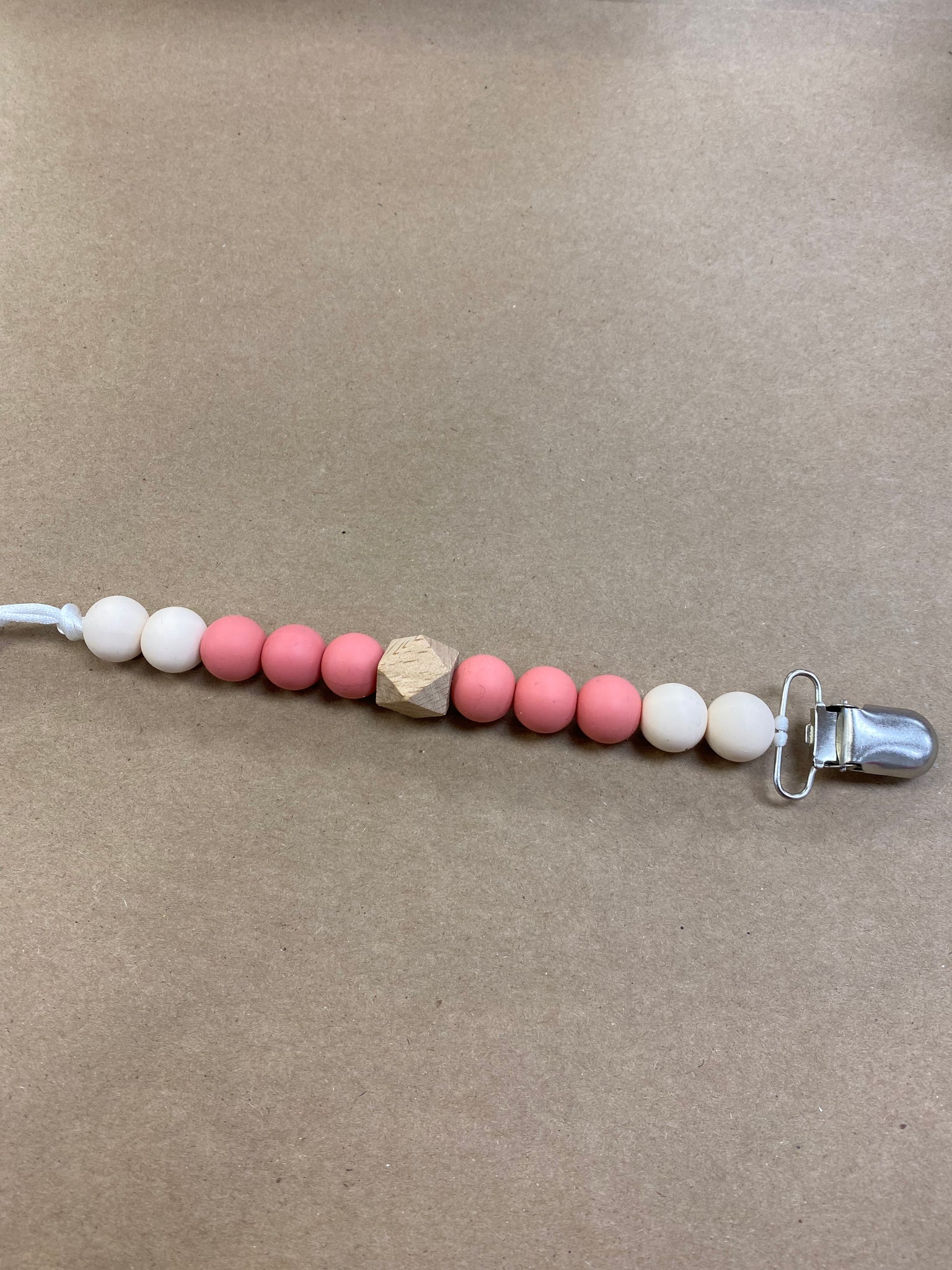 LNF - Pacifier Clip w/Hexagon Bead Cream & Pink