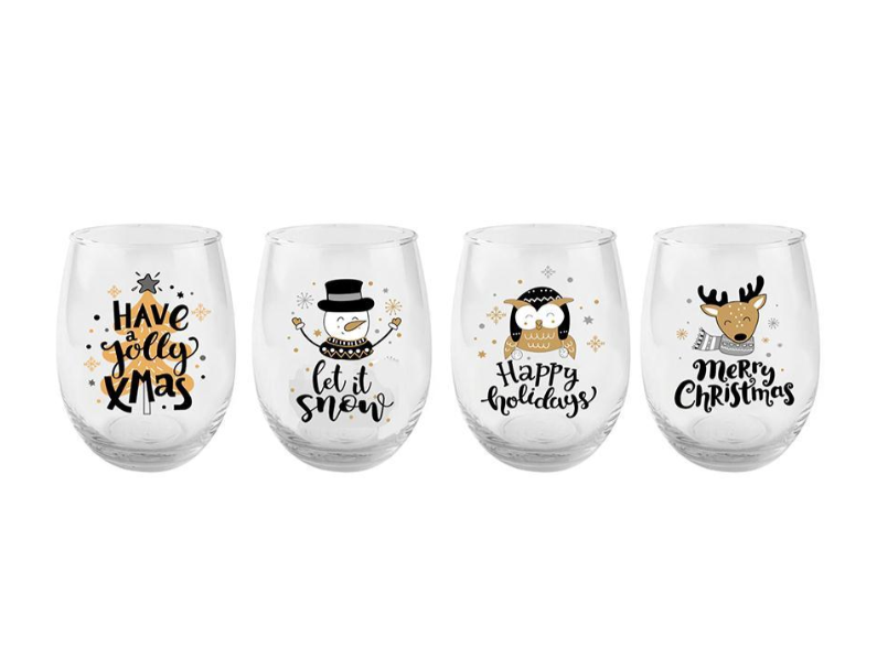 Holiday Cheer 16oz Christmas Stemless Wine Glasses - 4 Styles