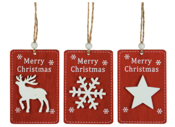 3" RED TAG ORNAMENT  W/STAR, SNOWFLAKE, DEER