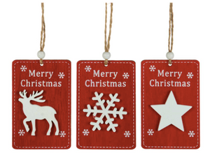 3" RED TAG ORNAMENT  W/STAR, SNOWFLAKE, DEER