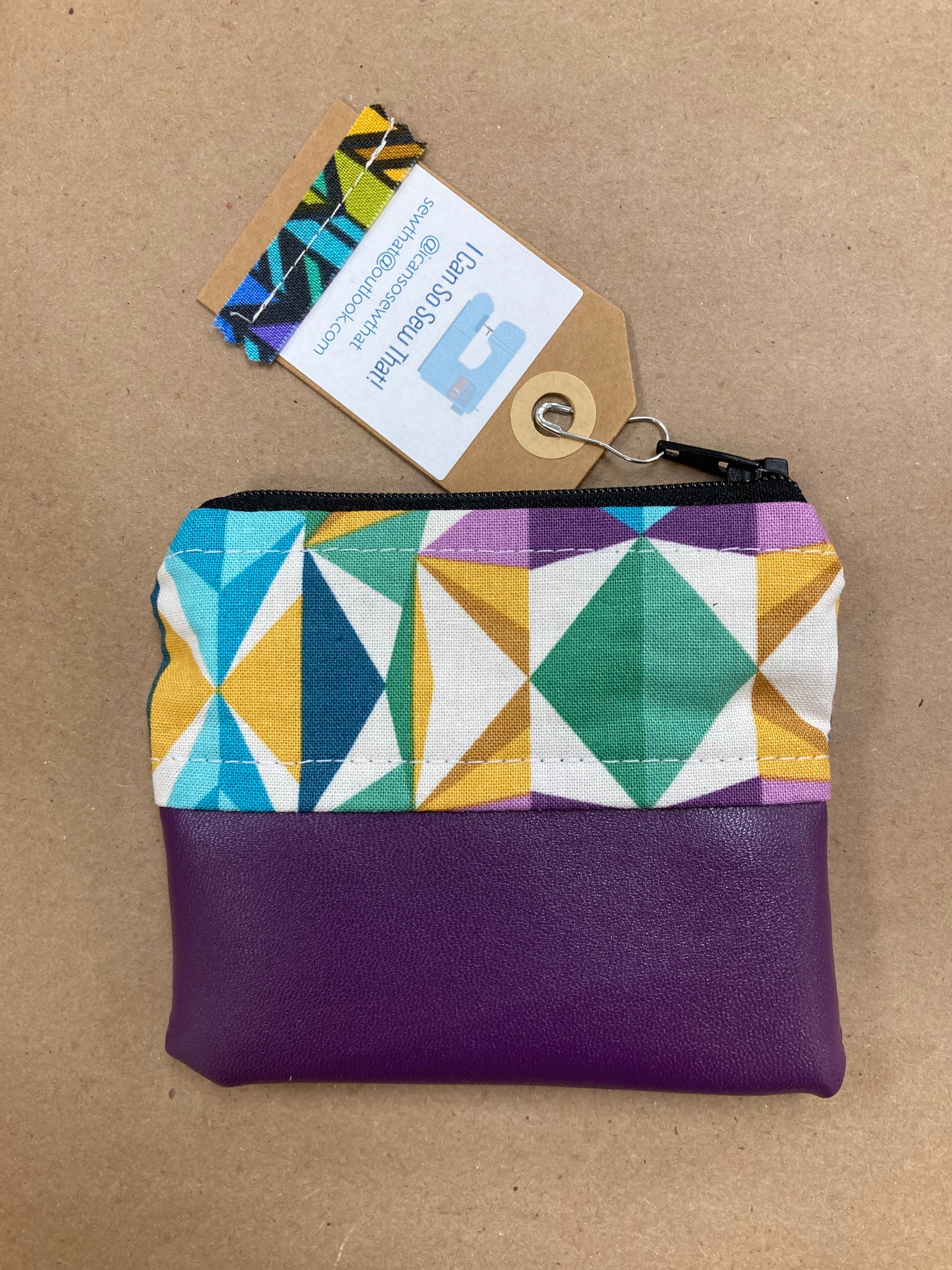 Small 1/2 Vegan Leather & 1/2 Cotton 4"x4" Zip Pouch - Purple/Geo Print