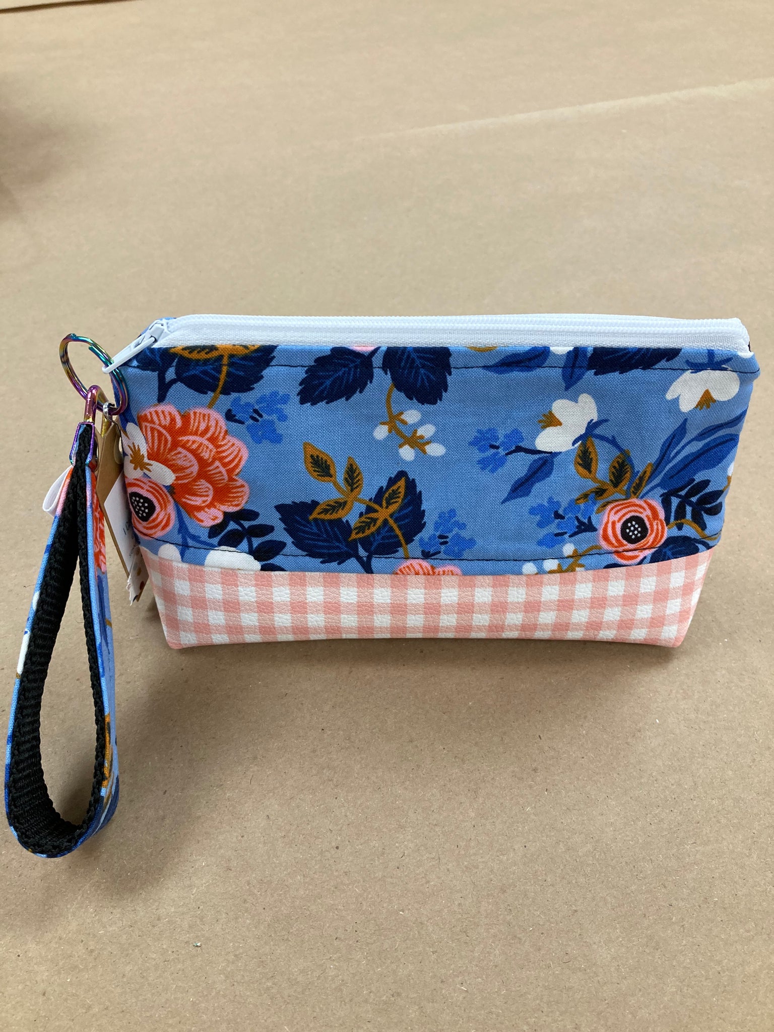 Medium Zipper Pouch - Vegan Leather Coral Gingham/ Blue Floral
