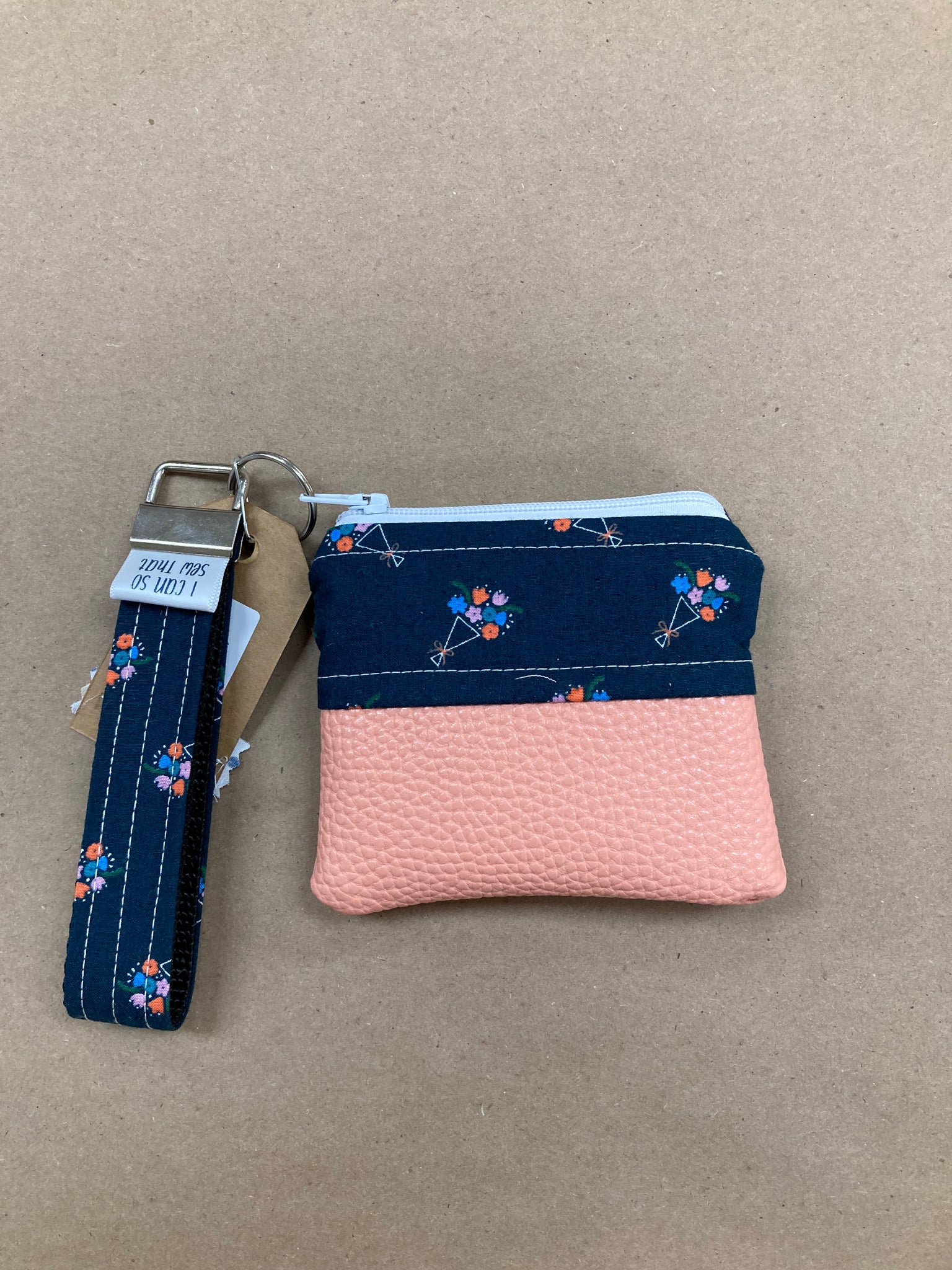 Vegan Leather Zip Pouch 5x5" w/Fob - Coral/Navy
